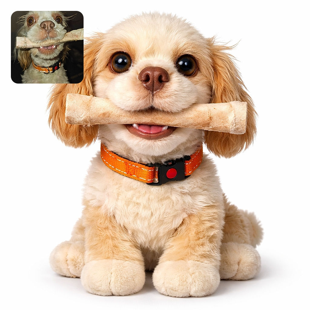 A close-up shot of an adorable dog holding a large bone in its mouth, with wide eyes and a slightly goofy expression. The dog's orange collar adds a pop of color against the dark background, making the pup the undeniable star of the photo.
