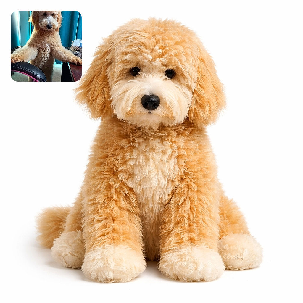 A fluffy golden doodle stands on its hind legs, resting its paws on a chair and desk, looking curiously forward with a soft, expressive face. The background features teal curtains and a cluttered desk with papers and a water bottle, adding a cozy home office vibe.