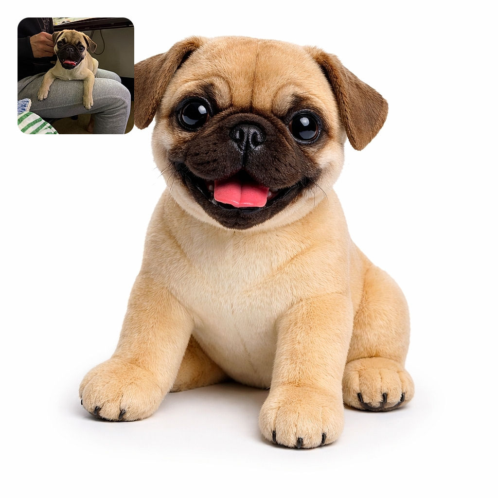 A happy little pug puppy is lounging comfortably on a person's lap, tongue out and eyes wide with excitement, while the cozy indoor setting adds warmth to the scene.