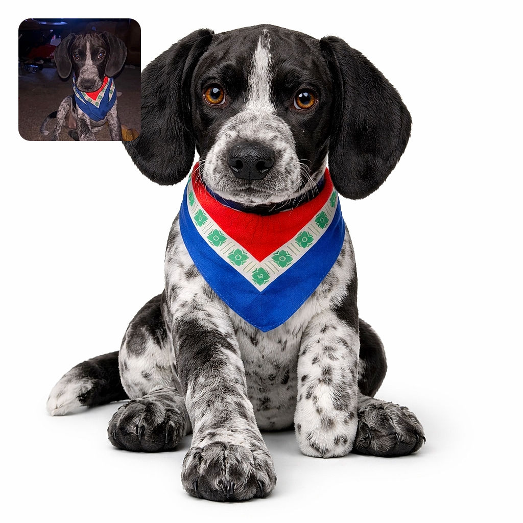 A wide‑eyed, speckled puppy wearing a colorful bandana puts a paw on the camera‑holder like it owns the place — living room lamp glowing in the background, carpet crumbs and a chew toy nearby, and a face full of irresistible puppy pleading.
