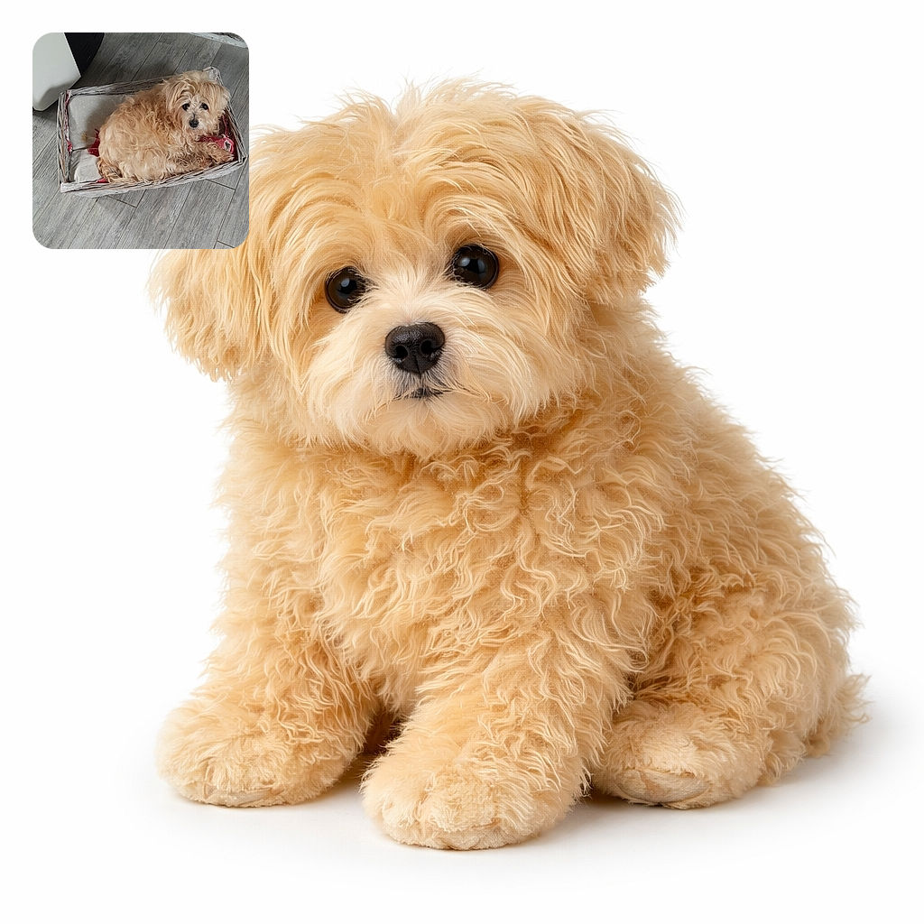 A fluffy little dog curled up like it owns the place, giving the camera a soulful stare from its wicker throne — the embodiment of cozy indifference and tiny royalty.