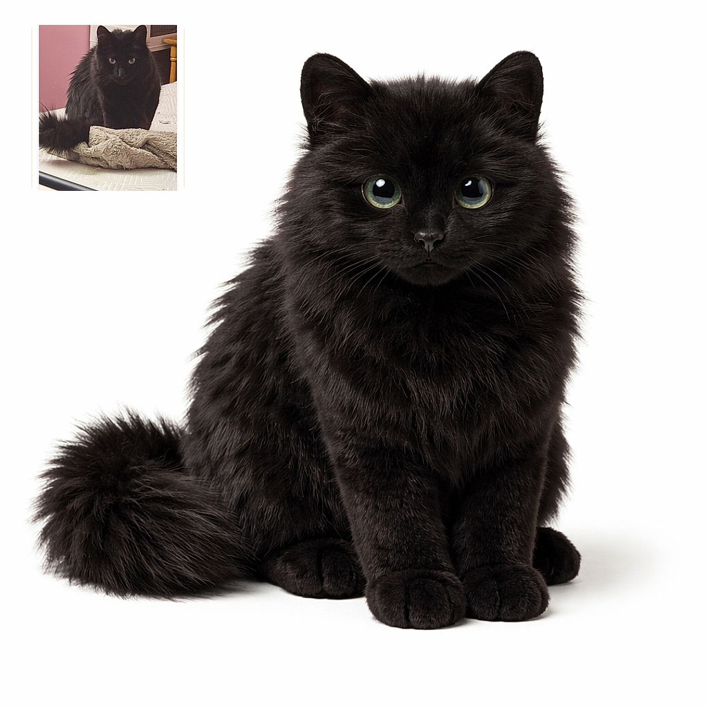 A regal fluffy black cat stares like a tiny velvet overlord from the center of a framed webpage screenshot — perched on a rumpled blanket with a dramatic tail flourish and a 'vote' button tempting passersby.