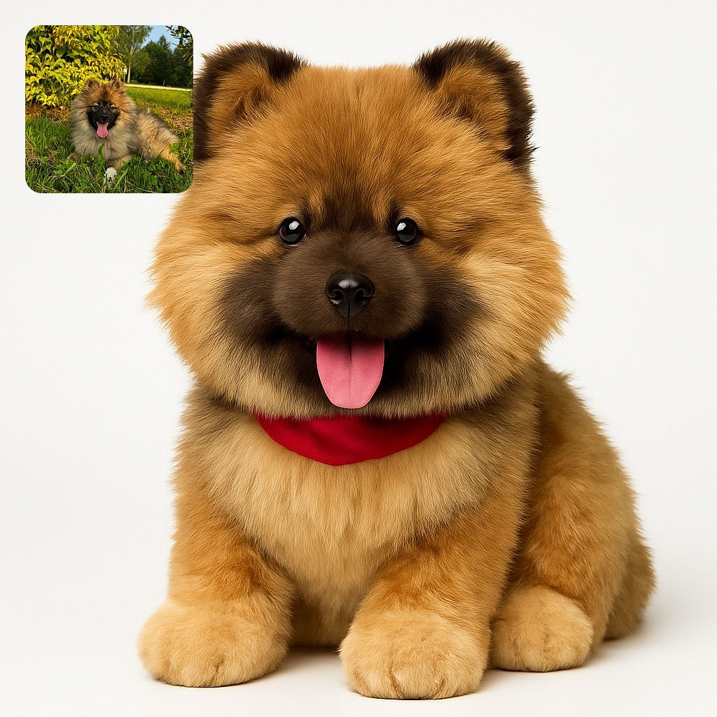 A fluffy, happy dog lounges on the grass with its tongue out, basking in the warm sunlight. The vibrant green foliage and clear blue sky create a perfect outdoor backdrop for this adorable pooch's chill session.