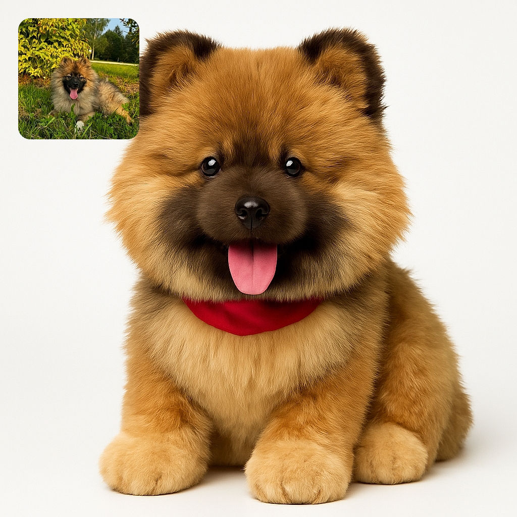A fluffy, happy dog lounges on the grass with its tongue out, basking in the warm sunlight. The vibrant green foliage and clear blue sky create a perfect outdoor backdrop for this adorable pooch's chill session.