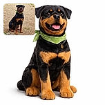 A proud Rottweiler wearing a green bandana sits attentively on a gravel surface, tongue out in a happy pant, looking ready for an adventure or a treat. The natural outdoor setting contrasts nicely with the dog's glossy black and tan coat.