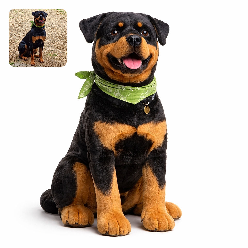 A proud Rottweiler wearing a green bandana sits attentively on a gravel surface, tongue out in a happy pant, looking ready for an adventure or a treat. The natural outdoor setting contrasts nicely with the dog's glossy black and tan coat.