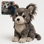 A charming close-up of a fluffy, wide-eyed dog lounging on a cozy gray blanket, with a wooden door and a decorated Christmas tree softly blurred in the background. The dog's speckled fur and alert ears make it look like a tiny, furry guardian of holiday cheer.