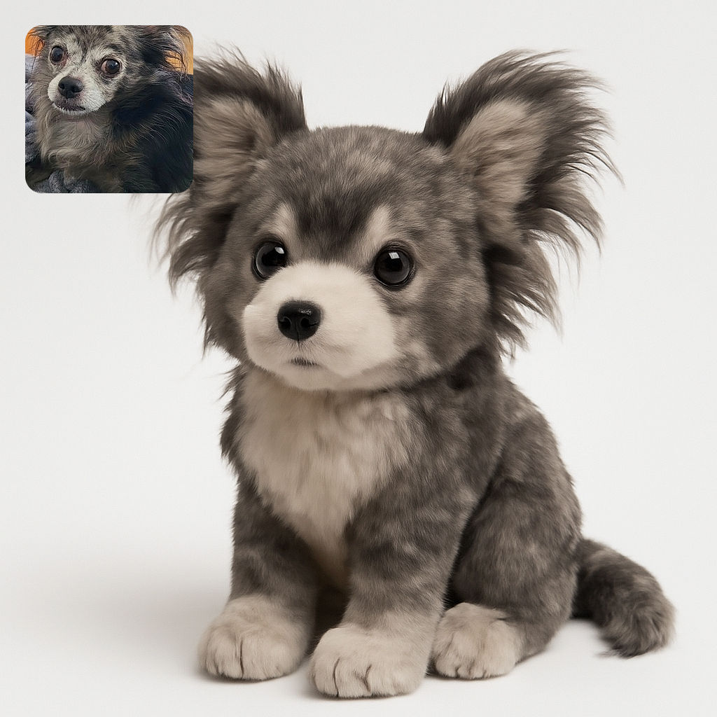 A charming close-up of a fluffy, wide-eyed dog lounging on a cozy gray blanket, with a wooden door and a decorated Christmas tree softly blurred in the background. The dog's speckled fur and alert ears make it look like a tiny, furry guardian of holiday cheer.