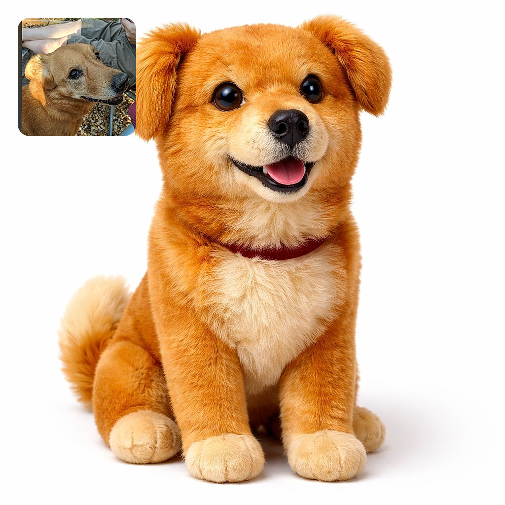 A cheerful brown dog steals the spotlight in a close-up selfie-style shot, sitting on pebbles next to someone's legs and a folding chair while a phone and social-media UI buttons frame the scene — the pup looks ready for its influencer close-up and maybe a treat.