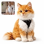 A fluffy orange and white cat with a harness sits regally on a kitchen counter, looking off to the side with a curious expression. The background shows kitchen utensils and cabinets, adding a cozy home vibe.