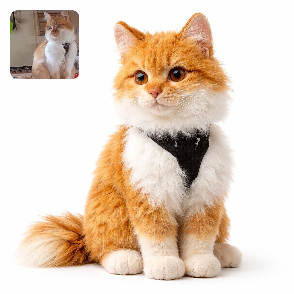 A fluffy orange and white cat with a harness sits regally on a kitchen counter, looking off to the side with a curious expression. The background shows kitchen utensils and cabinets, adding a cozy home vibe.