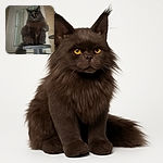 A majestic black fluffy cat sits proudly on a cat tree in front of a window with closed blinds, its eyes glowing eerily in the dim light like a tiny mythical creature guarding its domain.