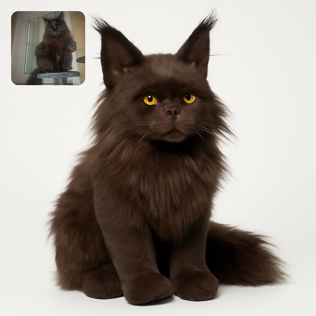 A majestic black fluffy cat sits proudly on a cat tree in front of a window with closed blinds, its eyes glowing eerily in the dim light like a tiny mythical creature guarding its domain.