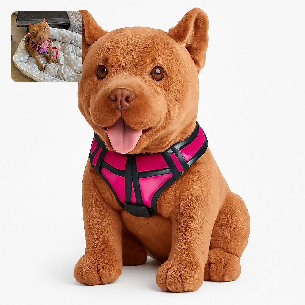 A happy brown dog with a pink harness is sitting comfortably in a paw-print patterned dog bed, tongue out and eyes bright, as if ready for a treat or a play session. The background shows a slightly cluttered area with water bottles, a bag of dog treats, and some gear, giving a casual, real-life vibe.