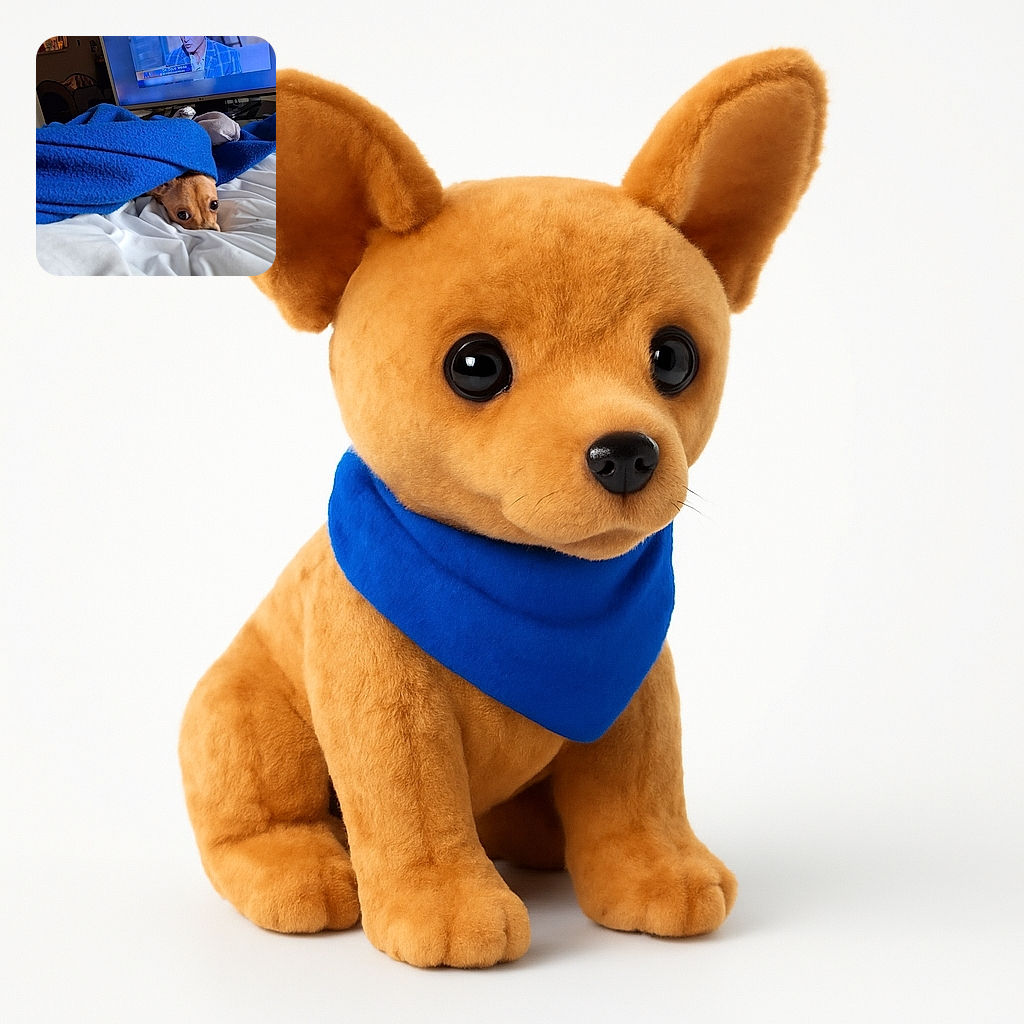 A cozy scene where a small dog peeks out from under a blue blanket on a white bed, with a TV in the background showing a man speaking. The dog looks curious and snug, adding warmth to the relaxed indoor setting.