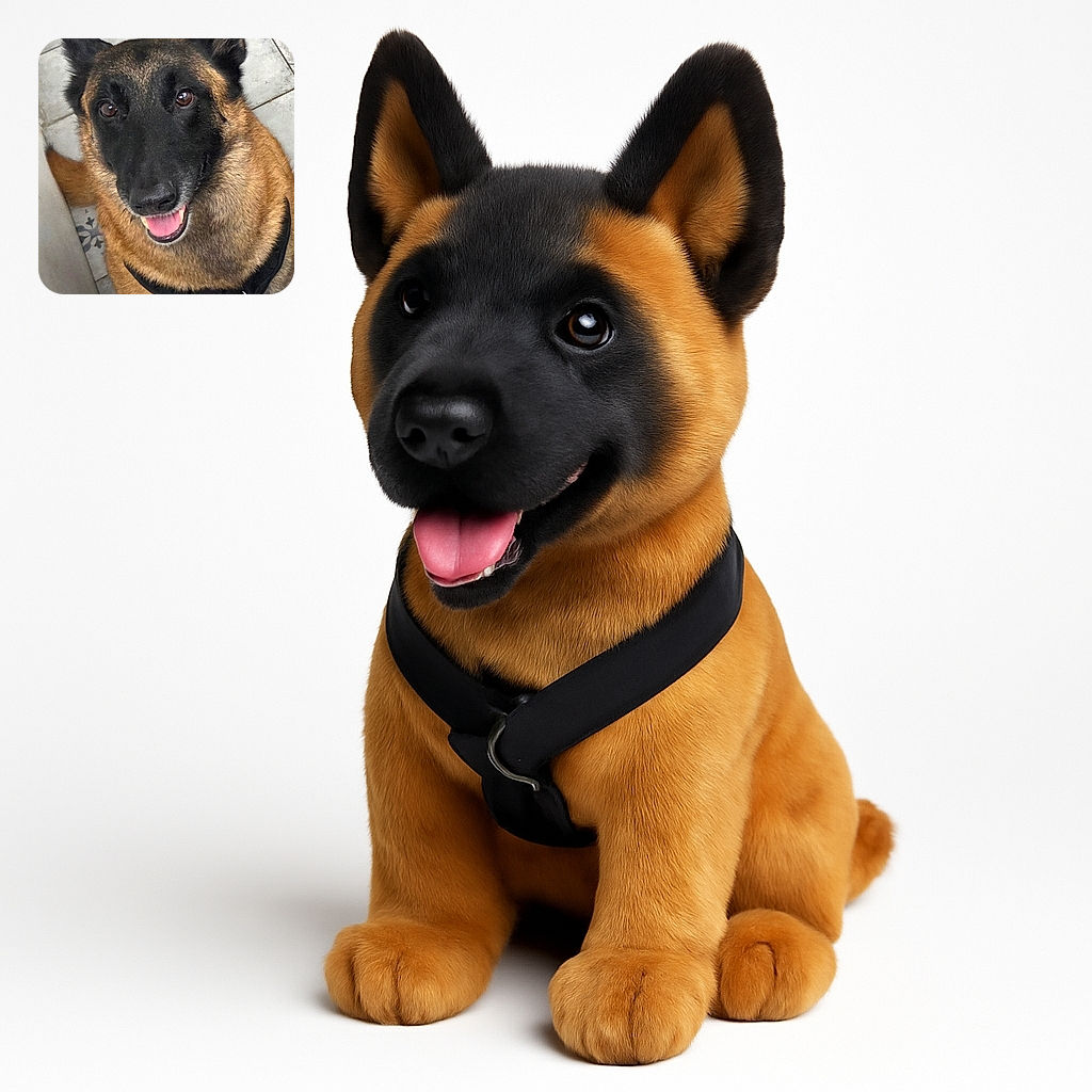 A happy Belgian Malinois dog looking up with bright eyes and a big smile, sitting on a tiled floor with decorative patterns, wearing a black harness.