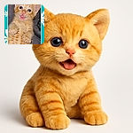 A surprised little orange tabby kitten lies on its back with wide blue eyes and a tiny open mouth, looking like it just heard the funniest joke ever. The kitten is framed by a playful turquoise border decorated with white and orange daisies, adding a cheerful vibe to the adorable scene.