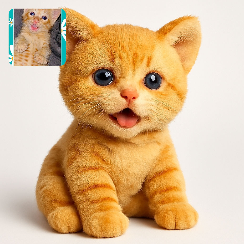 A surprised little orange tabby kitten lies on its back with wide blue eyes and a tiny open mouth, looking like it just heard the funniest joke ever. The kitten is framed by a playful turquoise border decorated with white and orange daisies, adding a cheerful vibe to the adorable scene.