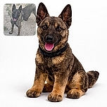 A happy, alert dog stands on a patch of dirt and grass, looking up with its mouth open as if smiling, ears perked and tail relaxed, ready for a game or a treat.