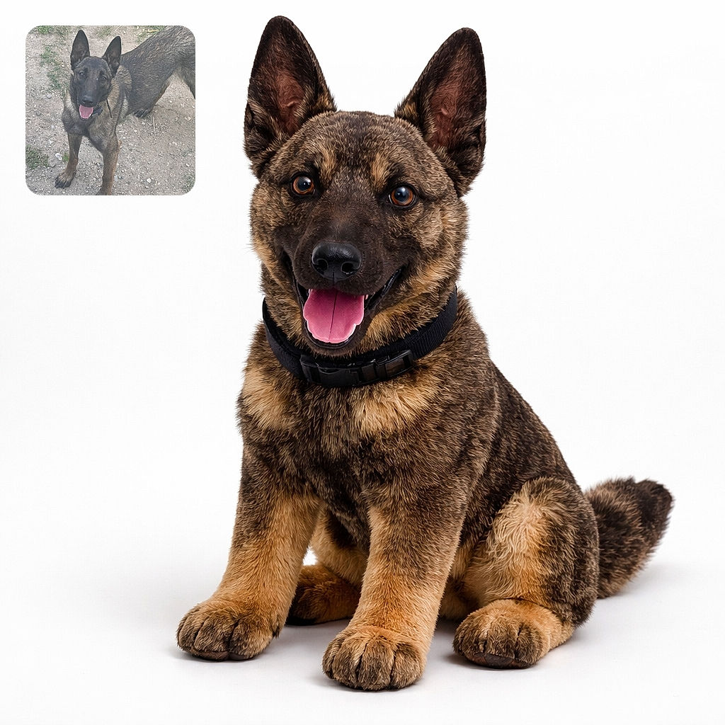 A happy, alert dog stands on a patch of dirt and grass, looking up with its mouth open as if smiling, ears perked and tail relaxed, ready for a game or a treat.