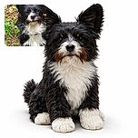 A fluffy black and white dog with perked ears stands alert on a patch of grass and dirt, looking directly at the camera with a curious and slightly serious expression.