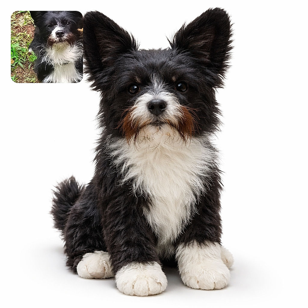 A fluffy black and white dog with perked ears stands alert on a patch of grass and dirt, looking directly at the camera with a curious and slightly serious expression.