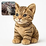 A curious tabby kitten lounges comfortably on a soft brown blanket, gazing directly into the camera with bright, inquisitive eyes. The cozy indoor setting and blurred background emphasize the kitten's fluffy fur and delicate whiskers, making it an adorable and heartwarming snapshot.