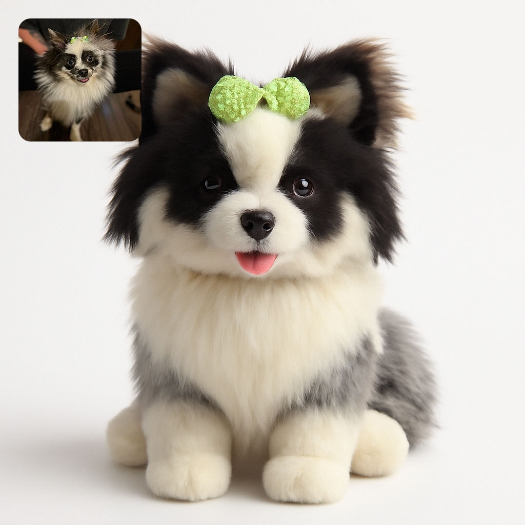A fluffy black and white dog with a cute green bow on its head is looking up with big, expressive eyes and a tiny pink tongue sticking out, standing on a wooden floor with a blurred person in the background.