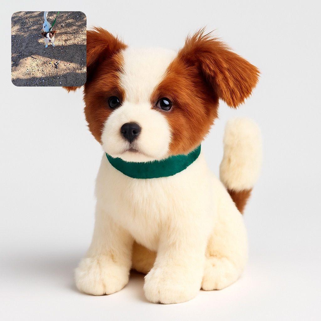 A small dog with white and brown fur looks up with a curious expression, standing on a rocky dirt ground with shadows cast around. The green leash adds a pop of color and hints at an outdoor walk adventure.