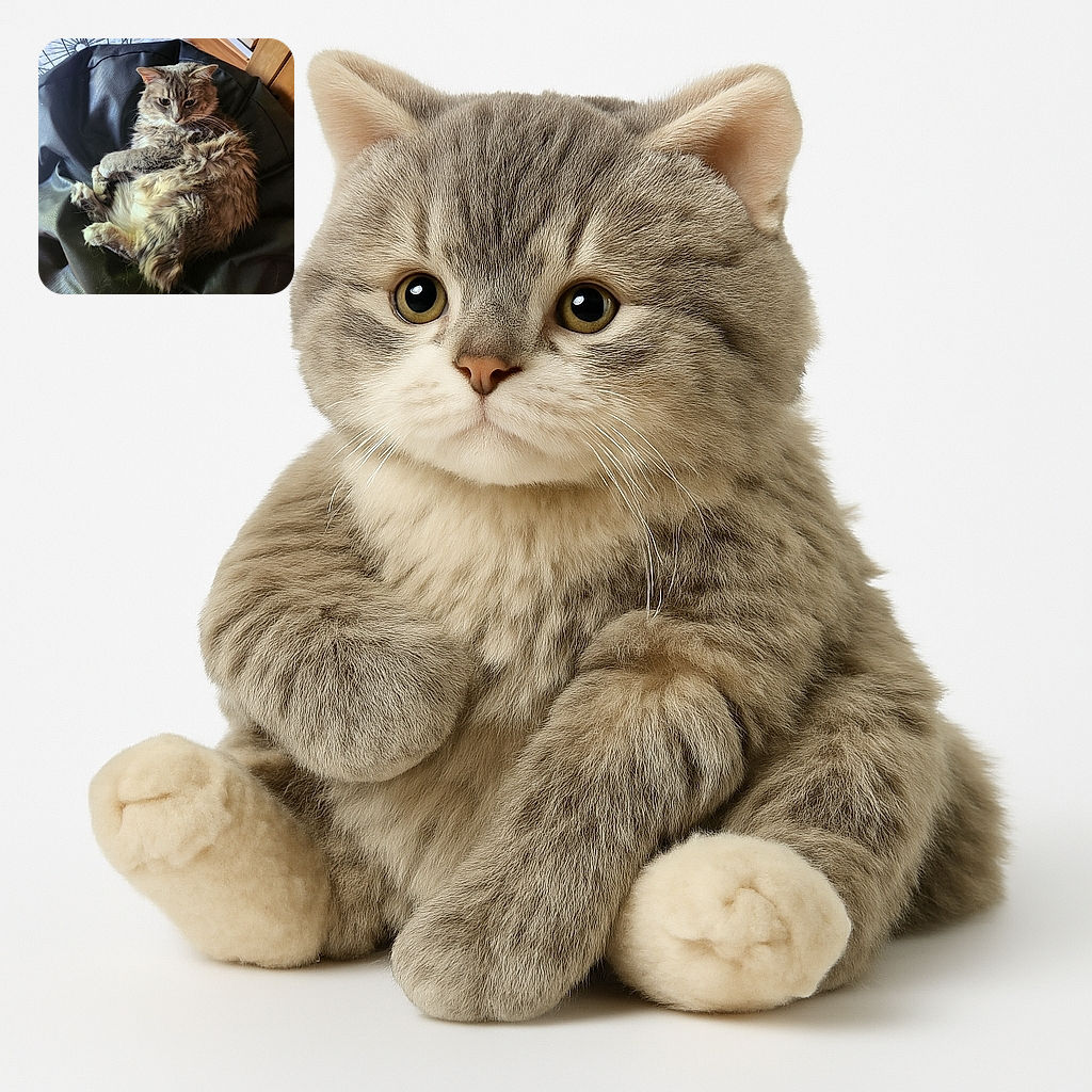 A fluffy gray tabby cat lounges comfortably on a black bean bag chair, looking contemplative with its paws curled up. The cozy indoor scene includes a soft white rug and a wooden bookshelf in the background, creating a warm and relaxed atmosphere.