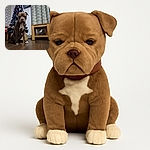 A serious-looking dog sits obediently on a wooden floor in front of a decorated Christmas tree with purple lights, framed by patterned wallpaper and a leaf-print curtain, giving off a cozy holiday vibe.