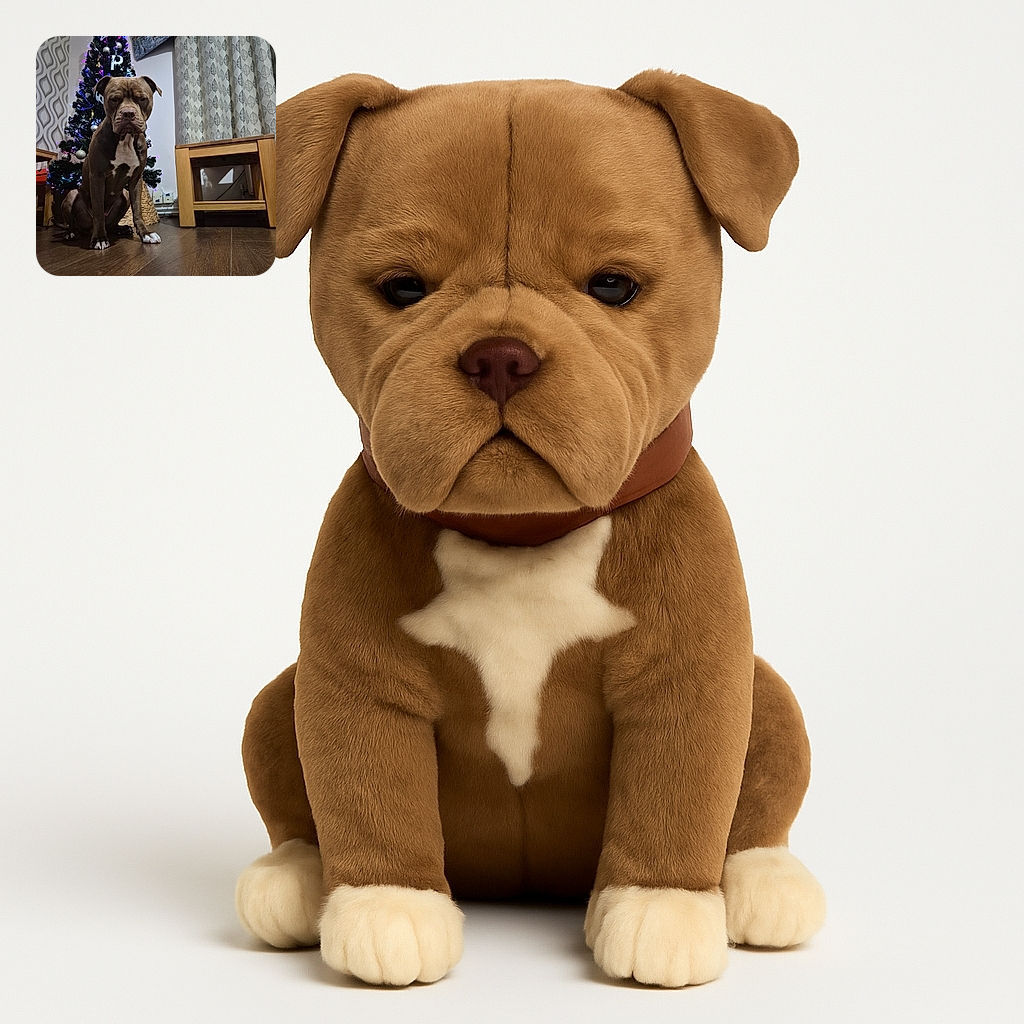 A serious-looking dog sits obediently on a wooden floor in front of a decorated Christmas tree with purple lights, framed by patterned wallpaper and a leaf-print curtain, giving off a cozy holiday vibe.