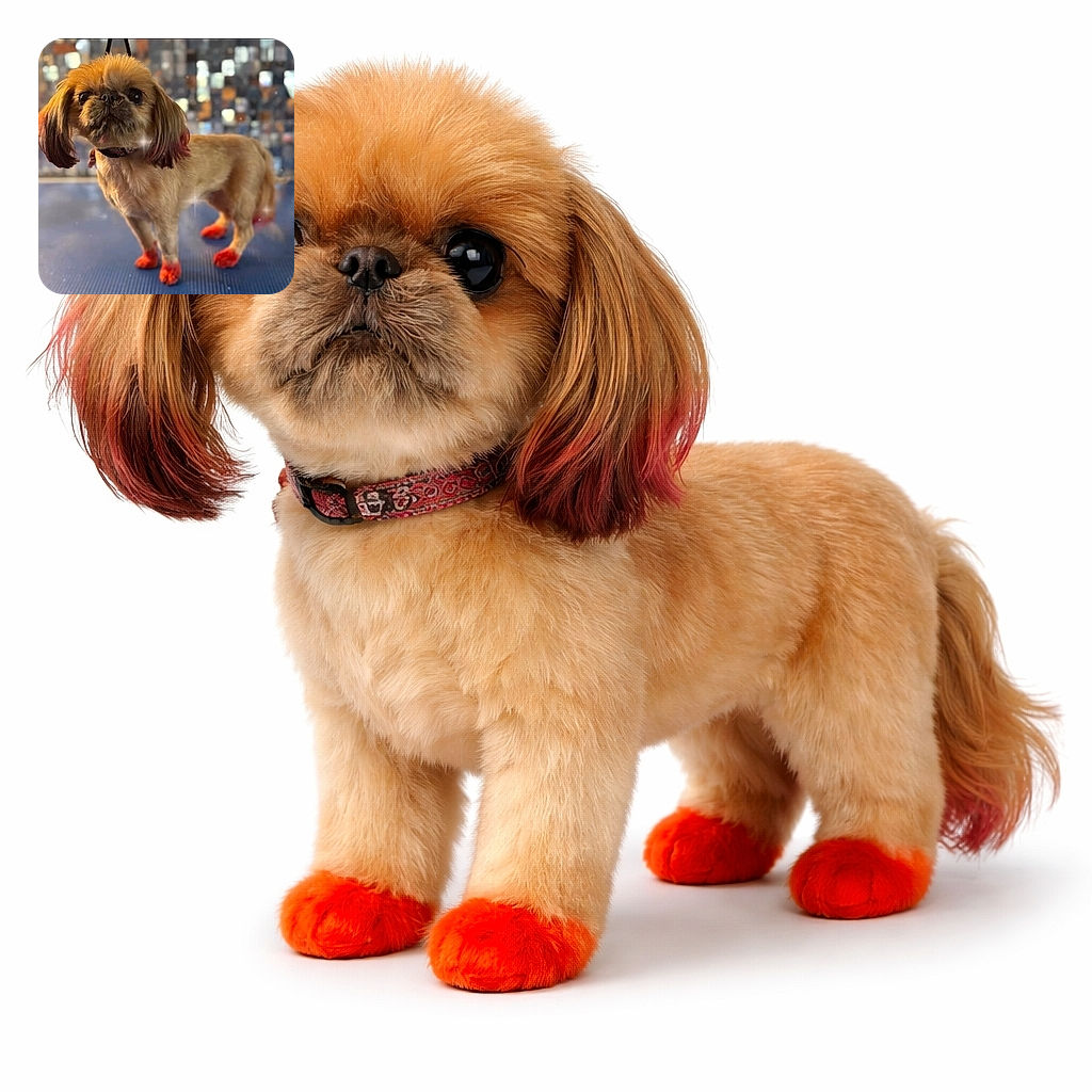 A small dog with reddish-dyed paws and ear tips stands on a blue surface with a blurred, sparkling background, looking curiously at the camera with big, shiny eyes.