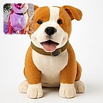 A happy dog with a big smile is sitting on a textured rug and wooden floor, next to a decorated Christmas tree, bathed in warm and cozy lighting that highlights its friendly expression.