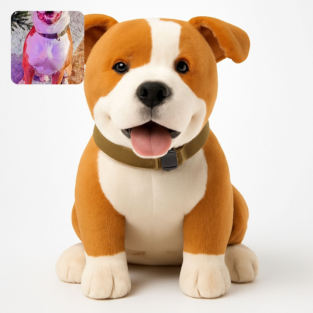 A happy dog with a big smile is sitting on a textured rug and wooden floor, next to a decorated Christmas tree, bathed in warm and cozy lighting that highlights its friendly expression.