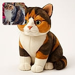 A chubby, tri-colored cat with a serious stare sits on a tiled floor next to a person wearing red pants and brown shoes. The cat's white chest and paws contrast with its orange, black, and brown fur, making it look like the boss of the room.