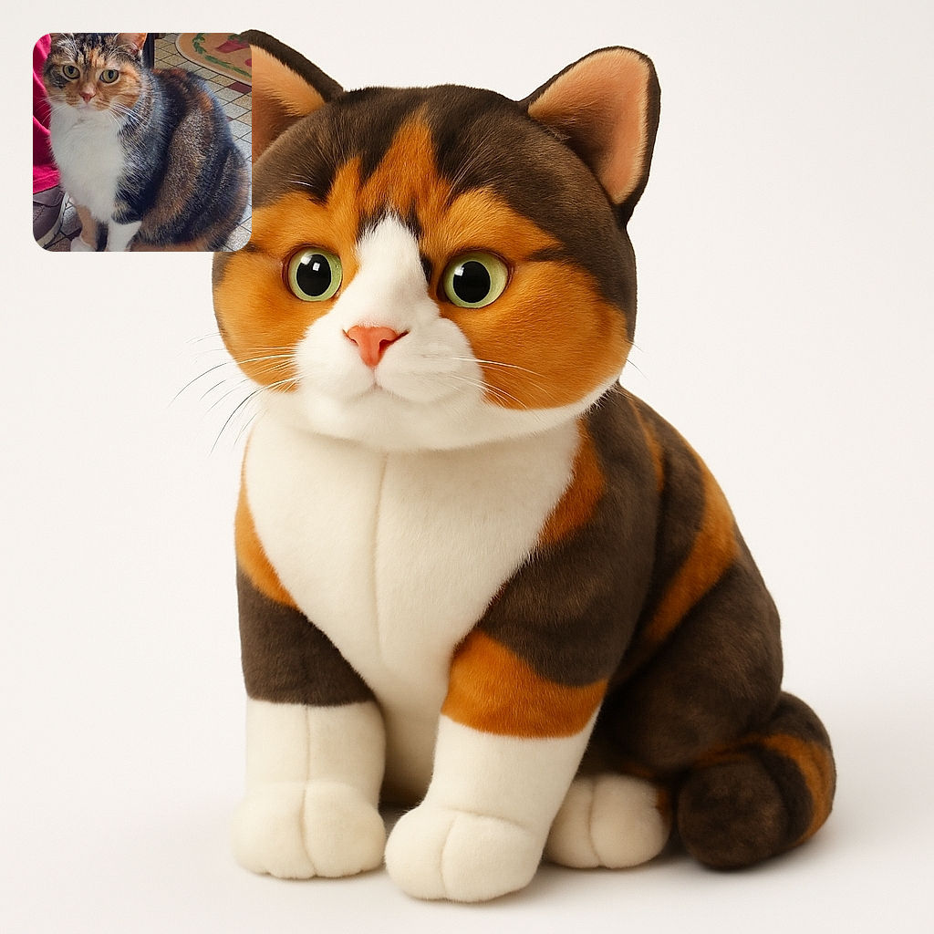 A chubby, tri-colored cat with a serious stare sits on a tiled floor next to a person wearing red pants and brown shoes. The cat's white chest and paws contrast with its orange, black, and brown fur, making it look like the boss of the room.
