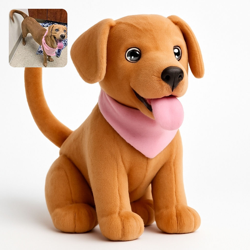 A happy dog with bright blue eyes and a pink bandana grins widely, tongue out, standing on a tiled floor near wooden cabinets and a patterned rug, radiating pure joy and excitement.