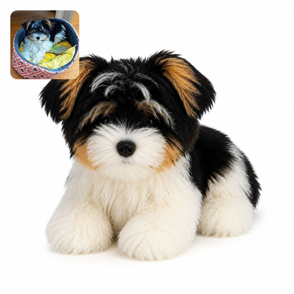 A fluffy black, white, and tan puppy lounges proudly in a colorful cushioned bed, looking like a tiny rock star who has conquered the world’s comfiest throne.