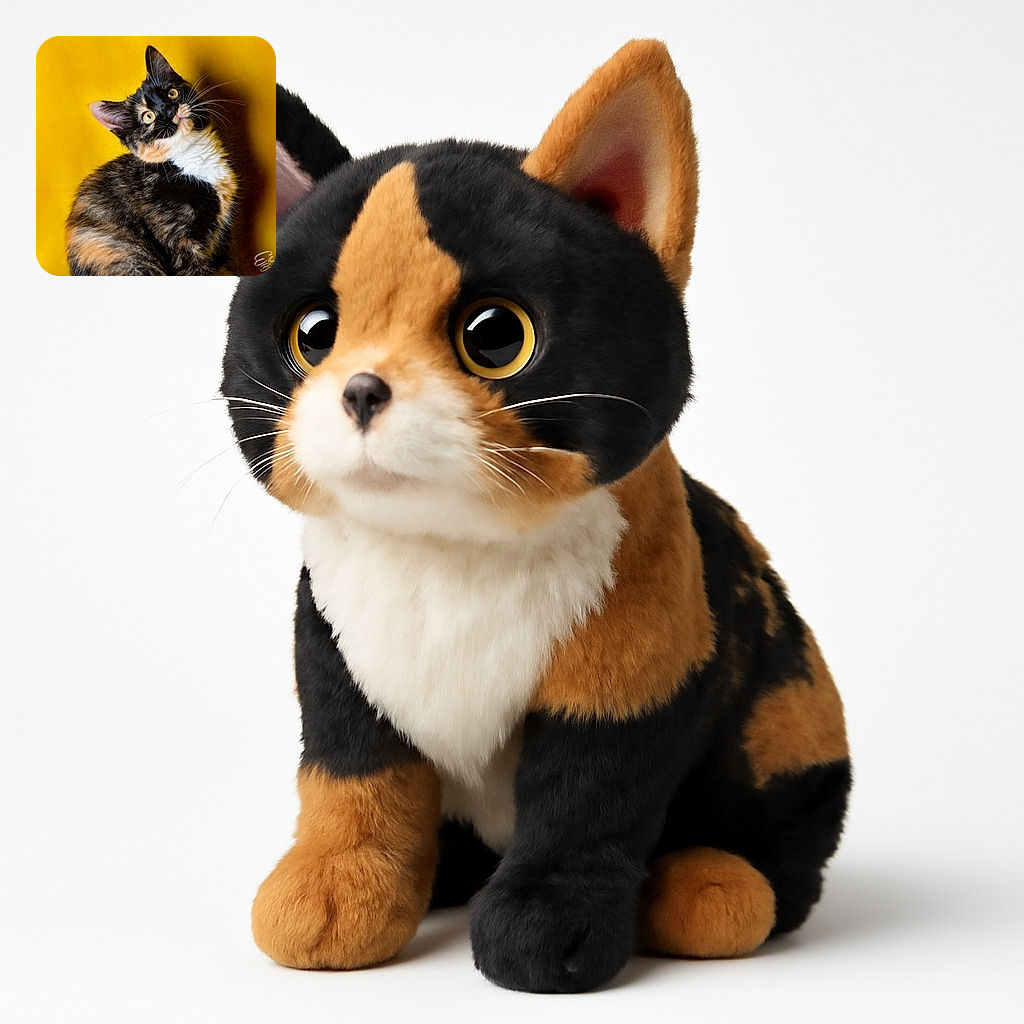 A charming calico kitten poses against a vibrant yellow backdrop, its wide eyes and curious tilt making it look like it's pondering the mysteries of the universe or just wondering where the treats are.