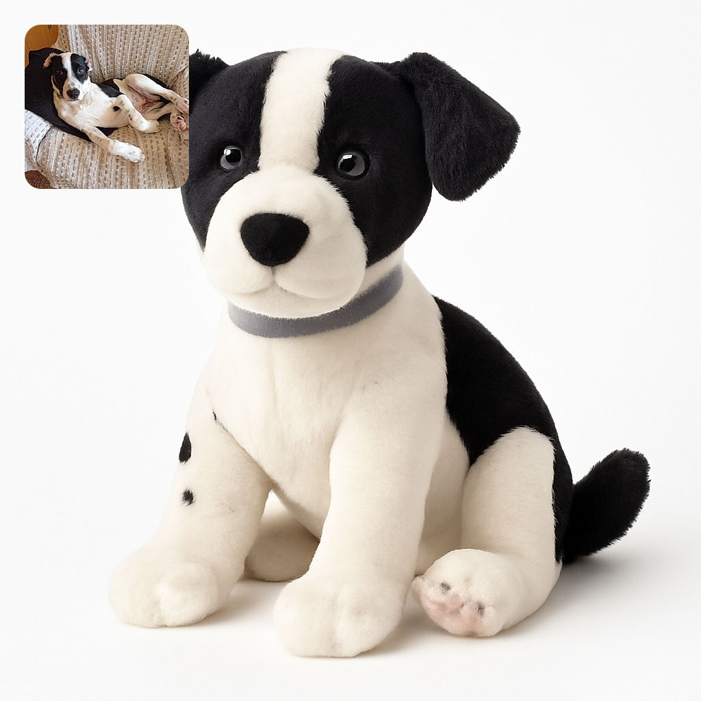 A relaxed black and white dog lounges comfortably on a textured beige armchair, looking curiously at the camera with wide eyes, surrounded by cozy home vibes.