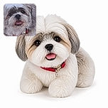 A fluffy little dog is giving the camera its best ‘I totally didn’t eat the treats’ expression, tongue out and collar proudly jingling, while lounging like royalty against a rocky backdrop. The image has a soft, painterly look and includes a small camera watermark near the bottom.