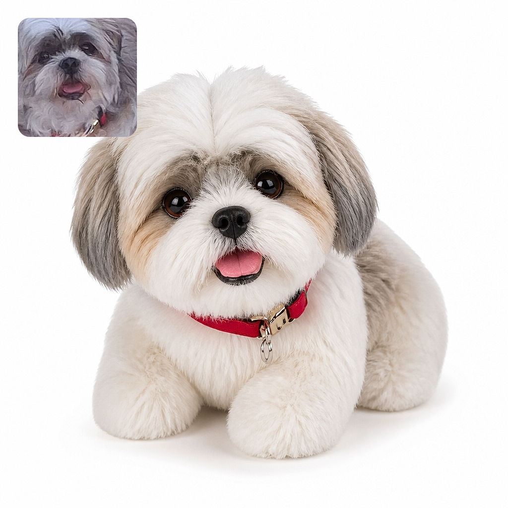 A fluffy little dog is giving the camera its best ‘I totally didn’t eat the treats’ expression, tongue out and collar proudly jingling, while lounging like royalty against a rocky backdrop. The image has a soft, painterly look and includes a small camera watermark near the bottom.