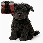 A scruffy black dog sits on a dusty rose tufted couch, blending into the dim lighting and shadowy background, making it a bit of a challenge to spot all the furry details.