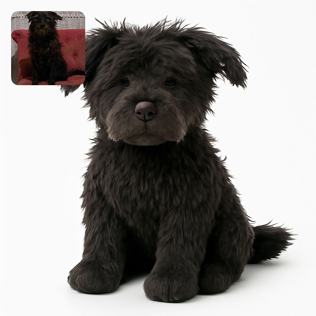 A scruffy black dog sits on a dusty rose tufted couch, blending into the dim lighting and shadowy background, making it a bit of a challenge to spot all the furry details.