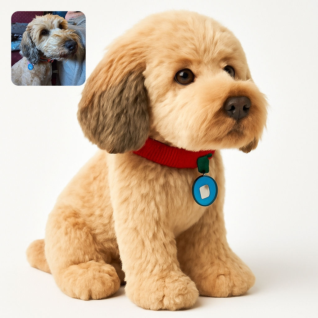 A fluffy, curly-haired dog with a curious expression is sitting indoors on a cozy chair, wearing a collar with tags. The background shows a relaxed person partially covered with a blanket, adding a warm, homely vibe.