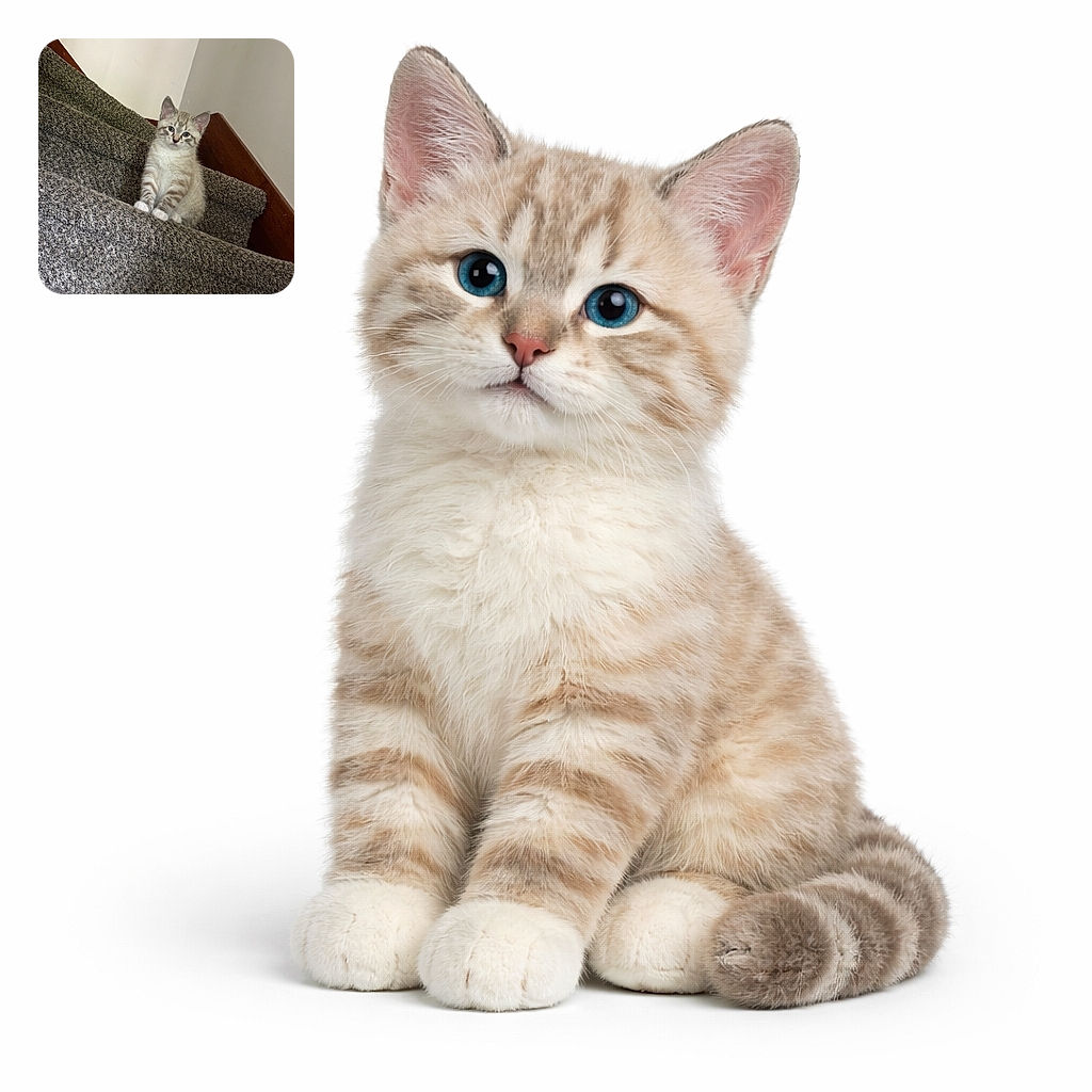 A fluffy kitten with light fur and stripes sits adorably on carpeted stairs, looking curiously at the camera with big eyes, surrounded by neutral walls and wooden stair trim.