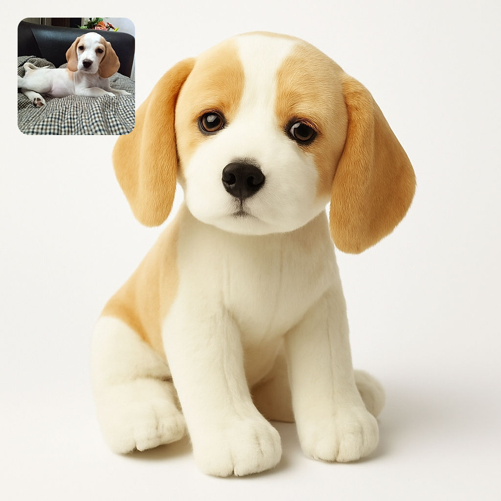 A sleepy beagle puppy lounges on a checkered blanket draped over a couch, with a soft-focus background featuring a flower arrangement and a cozy indoor setting.