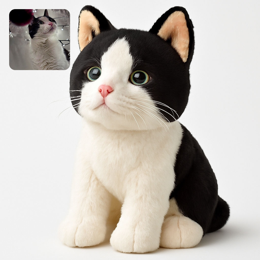 A curious black and white cat gazes upward with wide eyes, seemingly mesmerized by a large red ornament hanging in front of it. The background is softly blurred with twinkling lights, creating a cozy and festive atmosphere.