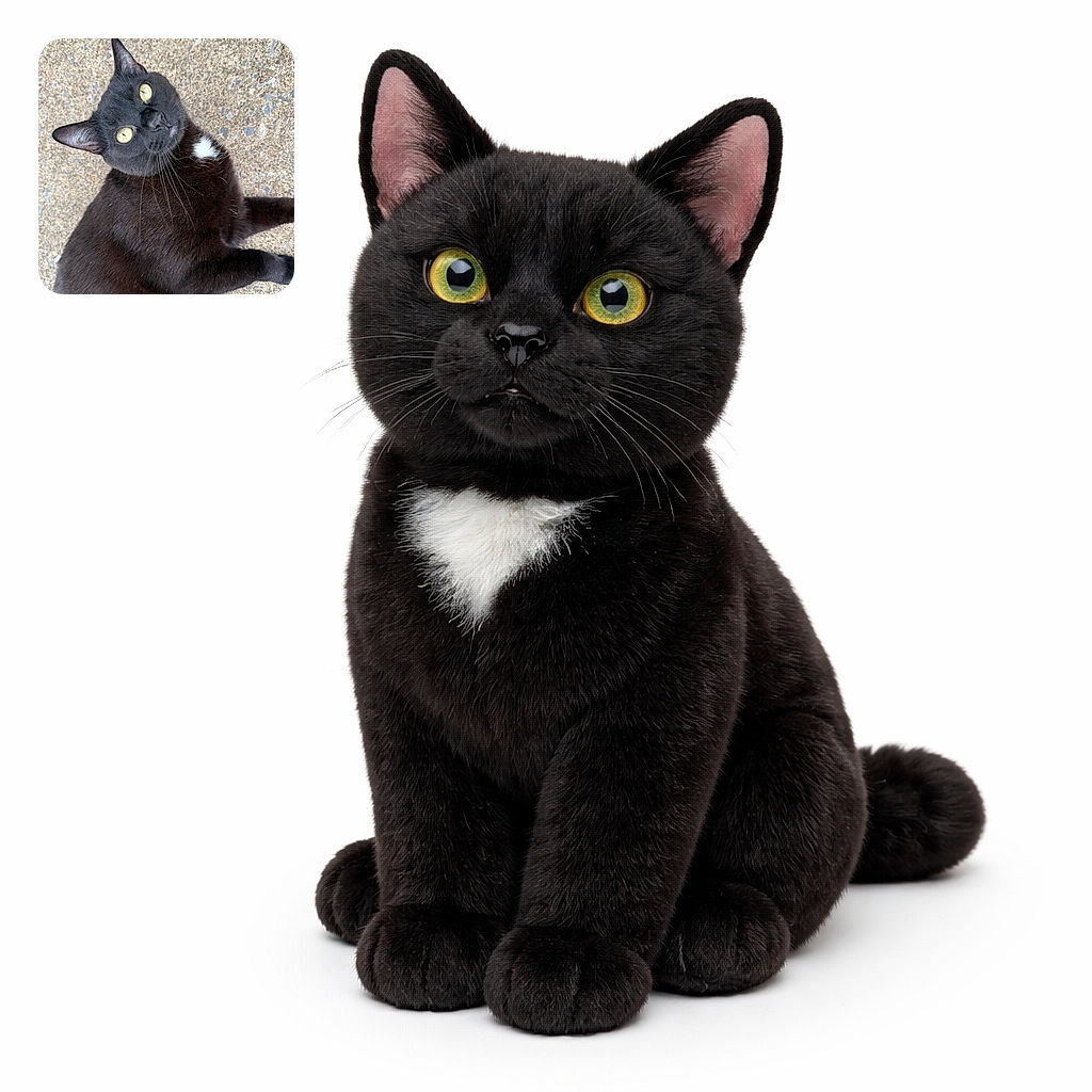 A glossy black tuxedo cat lies on speckled concrete, staring up with wide yellow eyes and twitching whiskers — part aloof model, part snack-judge, with a tiny white chest patch like a formal cravat.